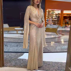 Women Formal Dress Wedding Bridesmaid Dress Sequin Slit Long Sleeve