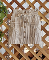 Coconut button Stripe Woven Skirt With Belt in Cream