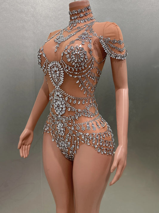 Luxury Rhinestones Sexy See-Through Sheath Bodysuit Evening Party