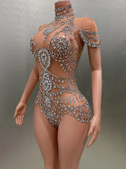 Luxury Rhinestones Sexy See-Through Sheath Bodysuit Evening Party