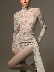 Sexy High Neck Long Sleeve Floral Lace Jumpsuit Women White Draped