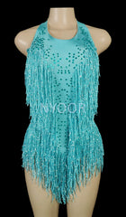 Sparkly Crystals Fringe Bodysuit Women Nightclub Party Outfit Dance