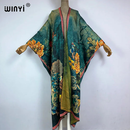 WINYI High-grade double-sided Bohemian Printed silk dress coat Beach