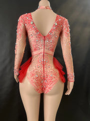 Sparkly Rhinestones Bodysuit Women ElasticPink Mesh Ruffles Crystal