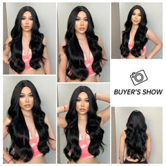 Black Long Wavy Synthetic Wigs Middle Part Natural Wave Wig Heat