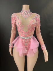 Sparkly Rhinestones Bodysuit Women ElasticPink Mesh Ruffles Crystal