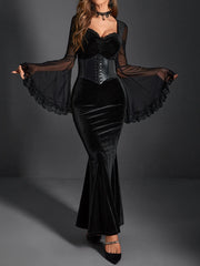 Goth Dark Velvet Elegant Gothic Punk Trumpet Dresses Grunge Ruched