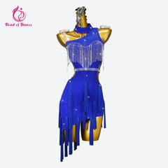 Blue Latin Dance Dress Women Practice Clothing Dancewear Sexy Skirt