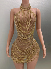 Gold Luxury Chains Khaki Sexy See-Through Sheath Mini Dress Evening