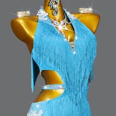 Blue Latin Dance Fringe Dress Sexy Skirt for Women Ballroom