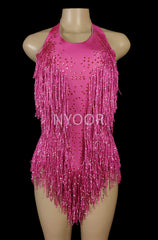 Sparkly Crystals Fringe Bodysuit Women Nightclub Party Outfit Dance