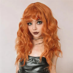 Ginger Curly Synthetic Wigs for Women Long Orange Wigs with Bangs Heat