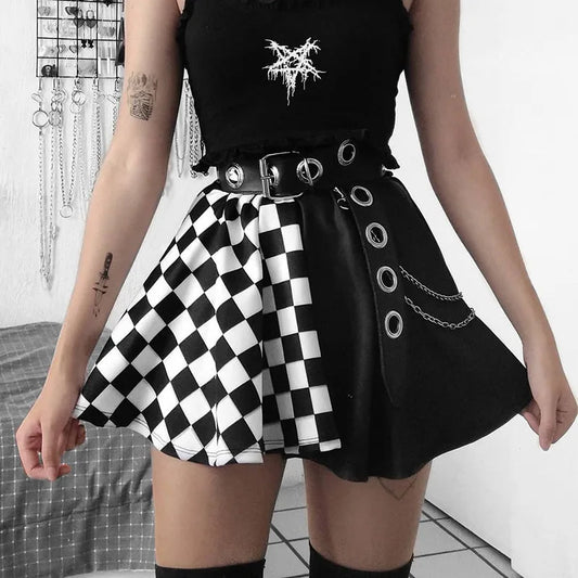 Goth Dark Plaid Pleated Skirt Black on White Contrast Patchwork Skirts