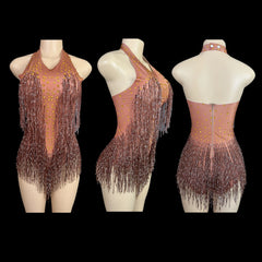 Sparkly Rhinestones Fringe Bodysuit WomenVightclub Party Dance Costume