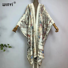 WINYI High-grade double-sided Bohemian Printed silk dress coat Beach