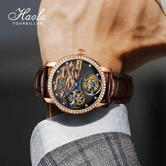 HAOFA 18K Gold Double Tourbillon Movement Skeleton Mens Watch Manual