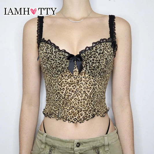 IAMHOTTY Vintage Leopard Print Crop Top Sexy Contrast Color Bow Lace