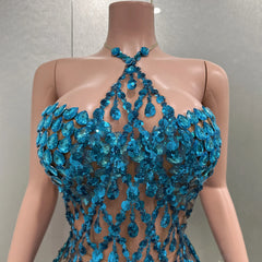 Lake Blue Rhinestones Sequines Sexy Strapless Tops Sheath 2 Piece Set