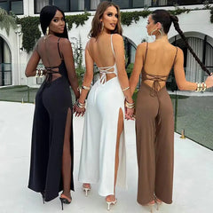 Sexy Backless Women Jumpsuit Spaghetti Straps Side High Split Slim