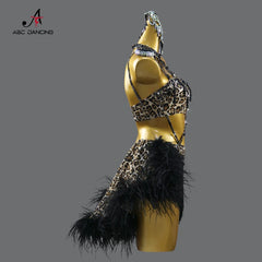 Latin Dance Clothes Sports Party Dress Practice Wear Stage Feather