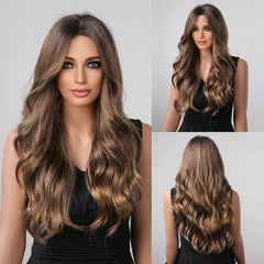 Black Long Wavy Synthetic Wigs Middle Part Natural Wave Wig Heat