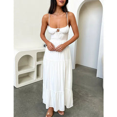 y2k Summer Long Dress Women Solid Color Tie Up Spaghetti Strap