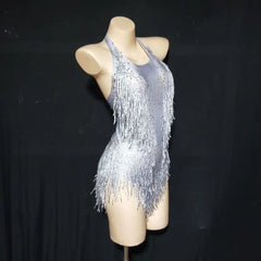 Sparkly Party Romper Crystals Fringes Bodysuit Sexy Tassel Leotard