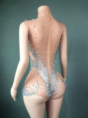 Sparkly Rhinestones Sexy See Through Mesh Women Jumpsuit Evening Party