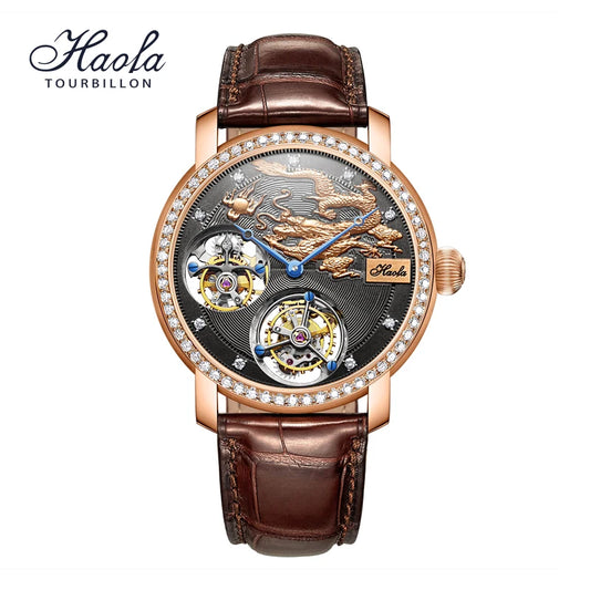 HAOFA 18K Gold Double Tourbillon Movement Skeleton Mens Watch Manual