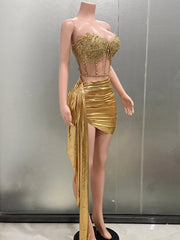 STOCK Sparkly Gold Rhinestones Short Dress for Women Sexy Mesh See