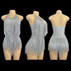 Sparkly Rhinestones Fringe Bodysuit WomenVightclub Party Dance Costume