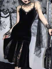 Sexy Spaghetti Strap Backless Velvet Woman Long Gothic Cross Dress