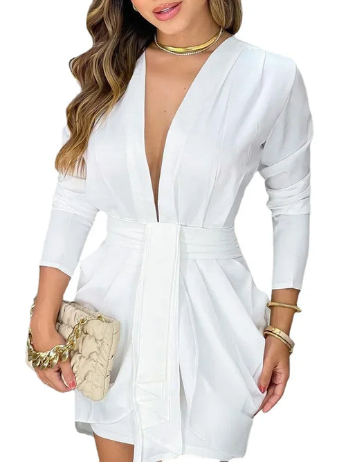 Spring Women Ball Gowns Deep V Neck Long Sleeve Plunge Ruched Party