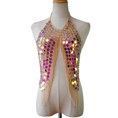 Festival Bling Plastic Sequined Crop Tops Women 2023 Sexy Metal Chain