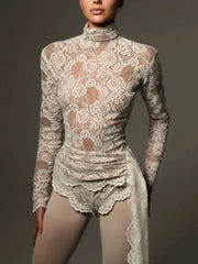 Sexy High Neck Long Sleeve Floral Lace Jumpsuit Women White Draped