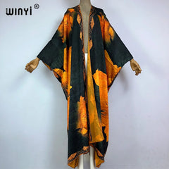 WINYI High-grade double-sided Bohemian Printed silk dress coat Beach