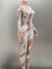 Women Long Sleeve Sexy Crystal High Stretch Bodycon Long Jumpsuit