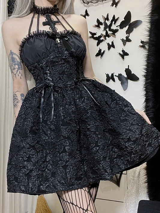 Goth Dark Mall Gothic Emo Jacquard A-line Dresses Elegant Grunge