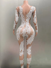 Women Long Sleeve Sexy Crystal High Stretch Bodycon Long Jumpsuit