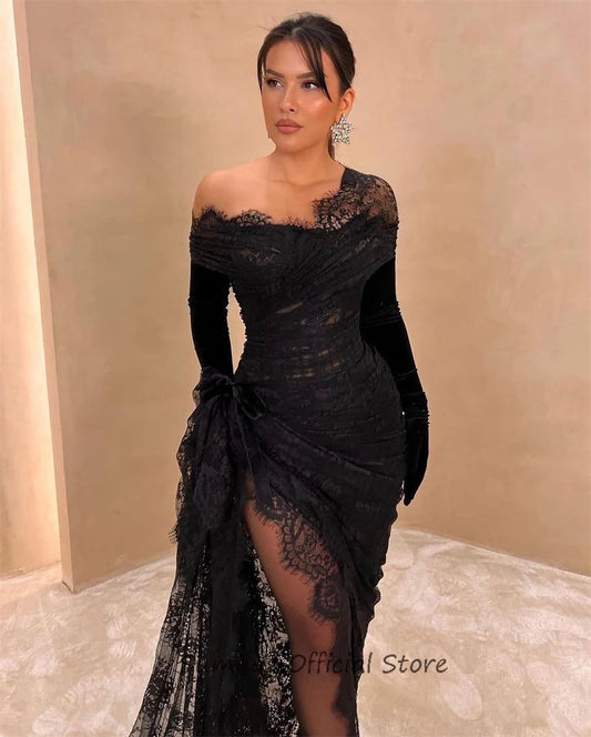 SUMNUS Black Lace Sexy Women Wear Prom Dresses Off Shoulder Long