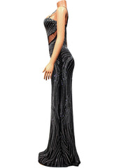 Beyprern Luxury Black Crystal Long Maxi Dress Gown Sparkle Mesh