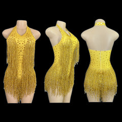 Sparkly Rhinestones Fringe Bodysuit WomenVightclub Party Dance Costume