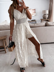 Summer V Neck Solid Color Lace Hollow-out Sleeveless Sling Party Wear