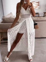 Summer V Neck Solid Color Lace Hollow-out Sleeveless Sling Party Wear