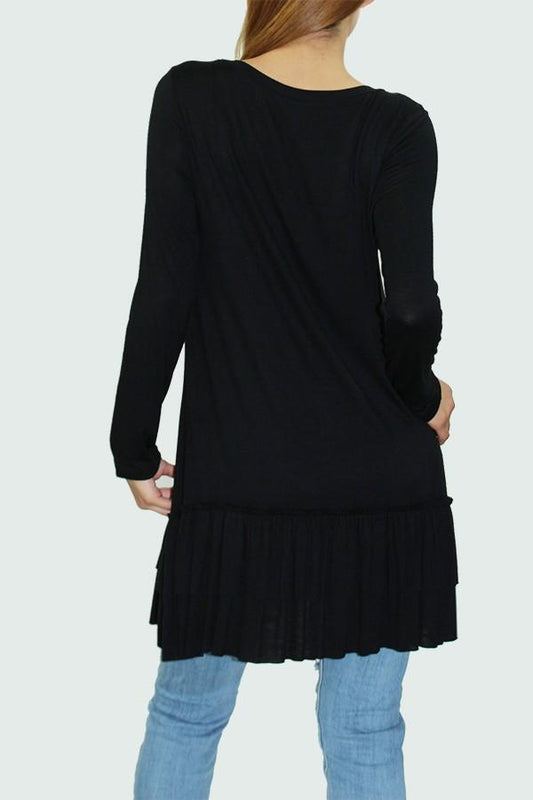 Long Sleeve Pleated Bottom Tunic - Black