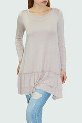 Long Sleeve Pleated Bottom Tunic - Beige