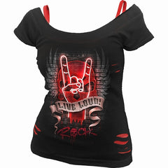 LIVE LOUD - 2in1 Red Ripped Top Black