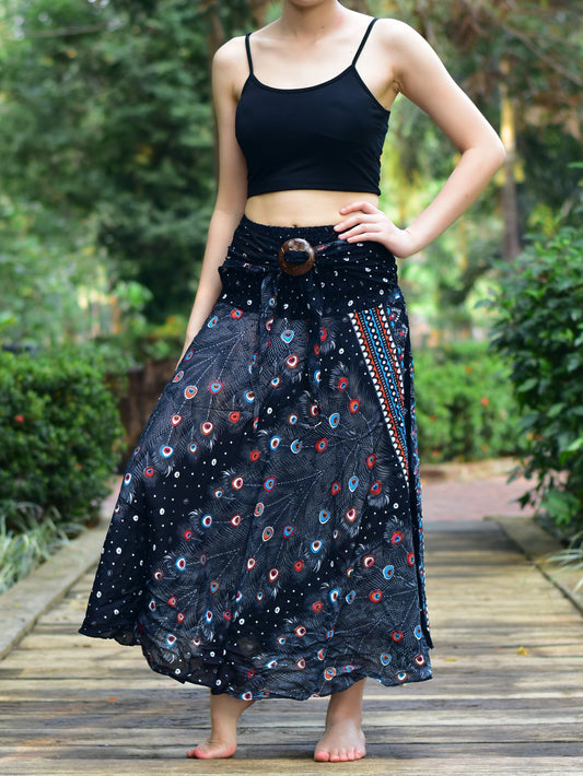 Bohotusk Black Peacock Long Skirt With Coconut Buckle (& Strapless