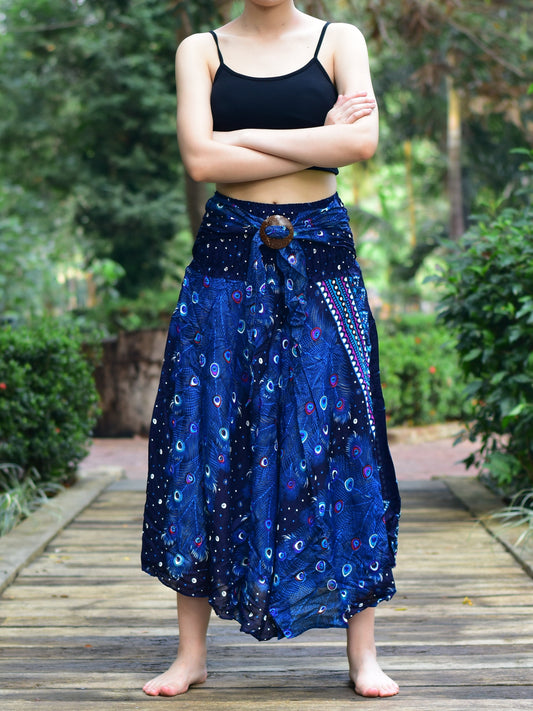 Bohotusk Blue Peacock Long Skirt With Coconut Buckle (& Strapless