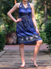 Bohotusk Blue Night Sky Tie Neck Knee Length Dress